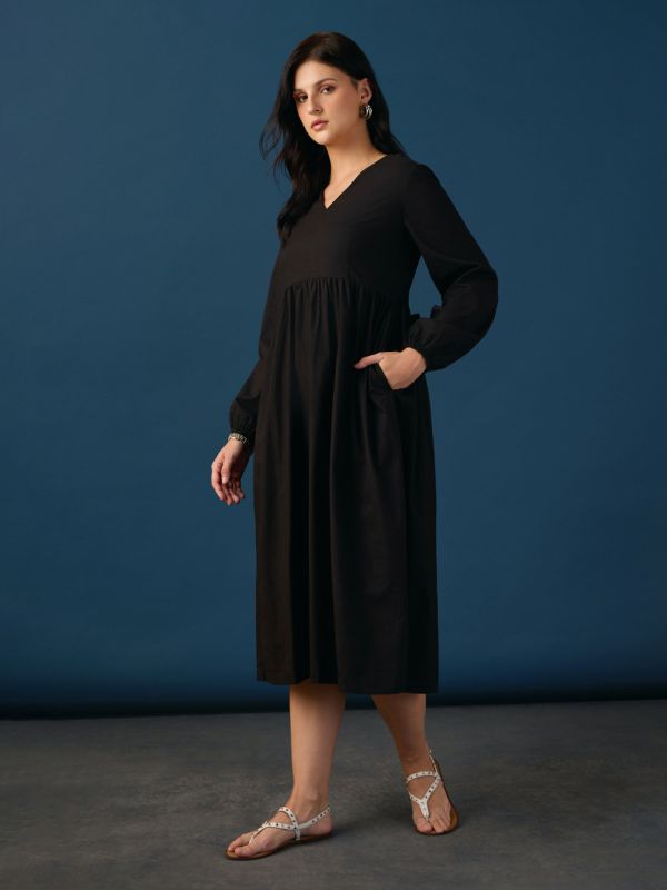Globus Women Black V-Neck Bishop Sleeves Tie-Up Gathered A-Line Midi Workwear Dress