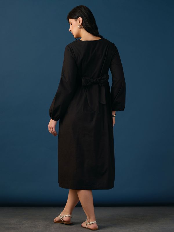 Globus Women Black V-Neck Bishop Sleeves Tie-Up Gathered A-Line Midi Workwear Dress