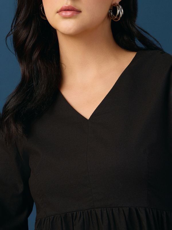 Globus Women Black V-Neck Bishop Sleeves Tie-Up Gathered A-Line Midi Workwear Dress