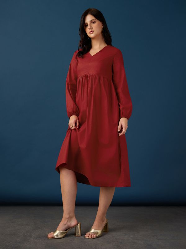 Globus Women Red V-Neck Bishop Sleeves Tie-Up Gathered A-Line Midi Workwear Dress