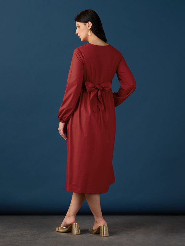 Globus Women Red V-Neck Bishop Sleeves Tie-Up Gathered A-Line Midi Workwear Dress