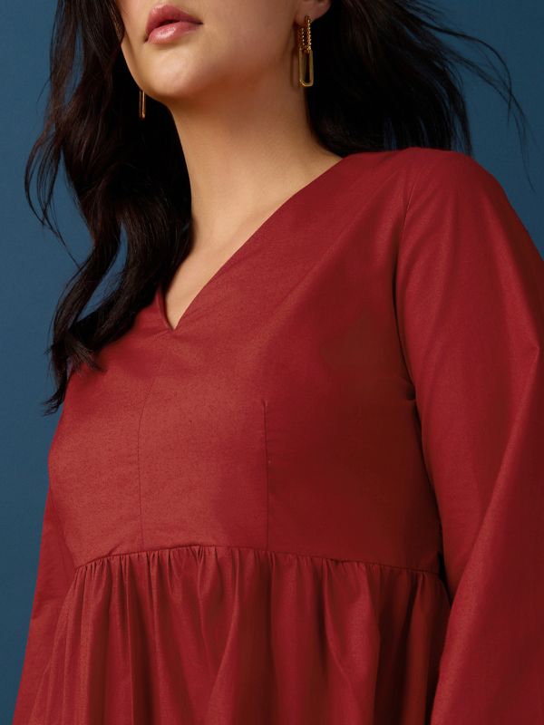 Globus Women Red V-Neck Bishop Sleeves Tie-Up Gathered A-Line Midi Workwear Dress