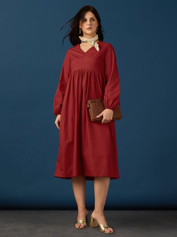 Globus Women Red V-Neck Bishop Sleeves Tie-Up Gathered A-Line Midi Workwear Dress