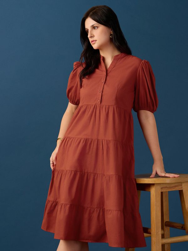 Globus Women Rust Band Collar Puff Sleeves Tiered Flared Hem A-Line Midi Dress