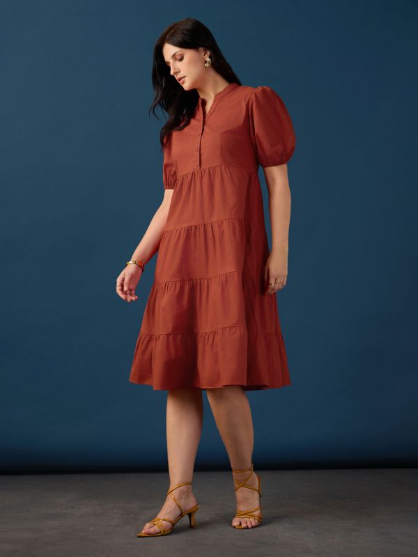 Globus Women Rust Band Collar Puff Sleeves Tiered Flared Hem A-Line Midi Dress