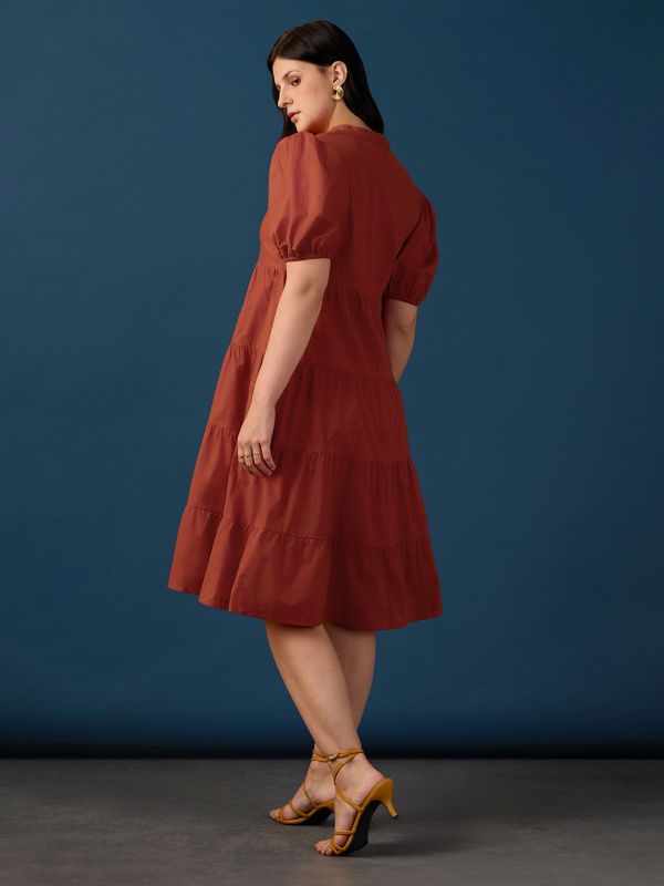 Globus Women Rust Band Collar Puff Sleeves Tiered Flared Hem A-Line Midi Dress