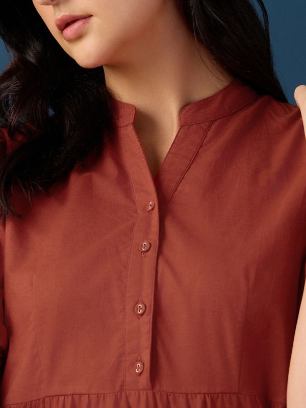 Globus Women Rust Band Collar Puff Sleeves Tiered Flared Hem A-Line Midi Dress