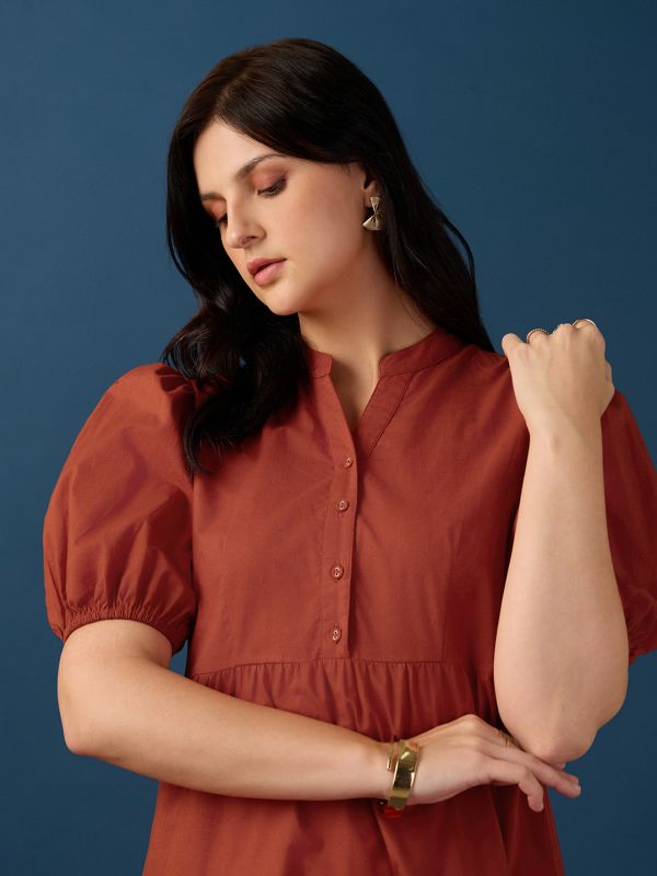 Globus Women Rust Band Collar Puff Sleeves Tiered Flared Hem A-Line Midi Dress