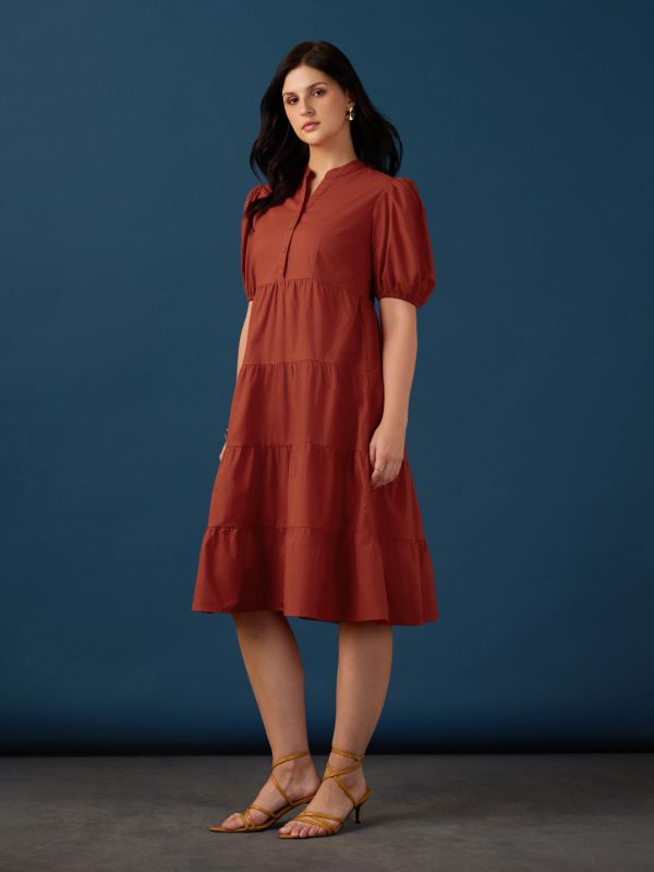 Globus Women Rust Band Collar Puff Sleeves Tiered Flared Hem A-Line Midi Dress