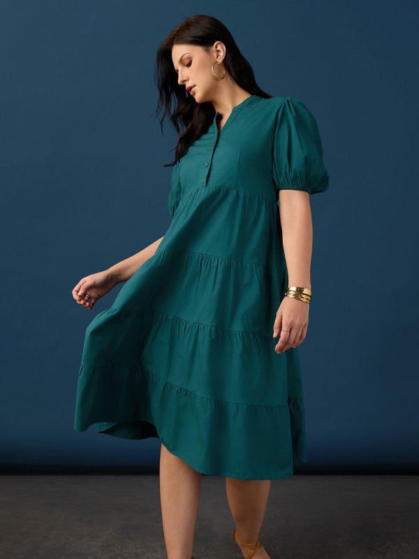Globus Women Teal Band Collar Puff Sleeves Tiered Flared Hem A-Line Midi Dress
