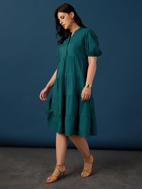 Globus Women Teal Band Collar Puff Sleeves Tiered Flared Hem A-Line Midi Dress