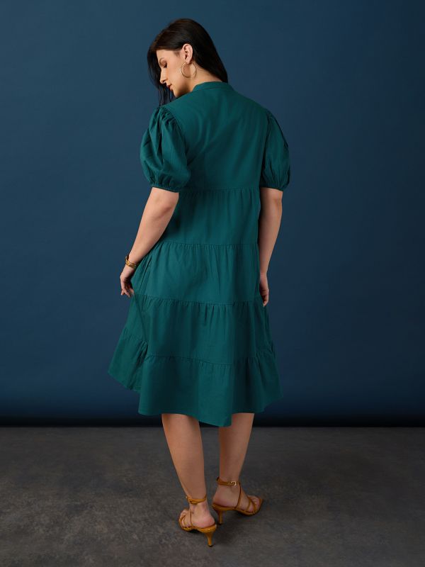 Globus Women Teal Band Collar Puff Sleeves Tiered Flared Hem A-Line Midi Dress