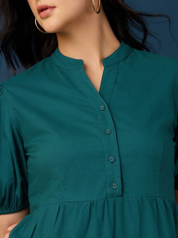 Globus Women Teal Band Collar Puff Sleeves Tiered Flared Hem A-Line Midi Dress