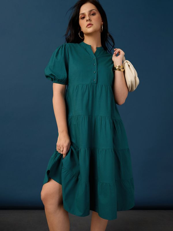 Globus Women Teal Band Collar Puff Sleeves Tiered Flared Hem A-Line Midi Dress