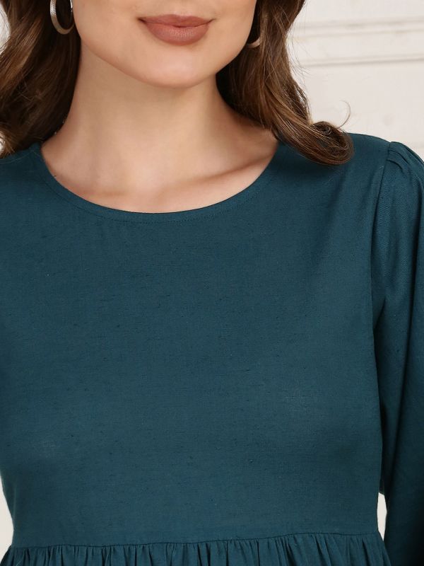 Globus Women Blue Round Neck Puff Sleeves Solid Midi Dress