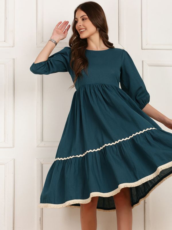 Globus Women Blue Round Neck Puff Sleeves Solid Midi Dress