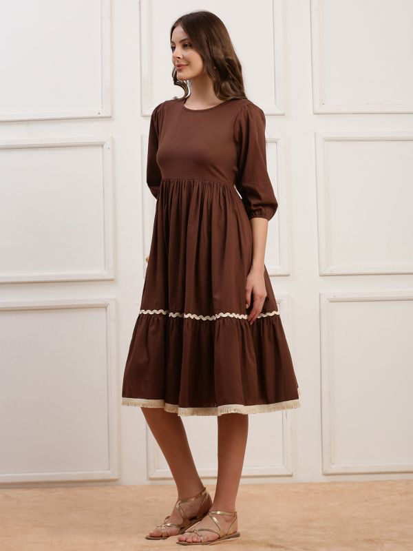 Globus Women Brown Round Neck Puff Sleeves Solid Midi Dress