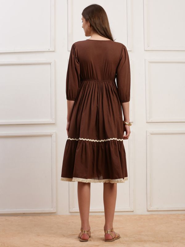 Globus Women Brown Round Neck Puff Sleeves Solid Midi Dress