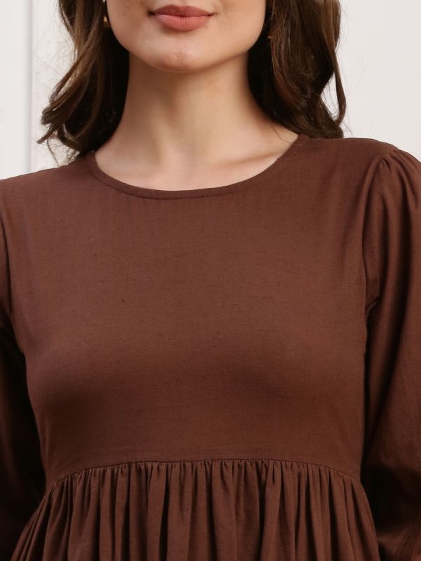 Globus Women Brown Round Neck Puff Sleeves Solid Midi Dress