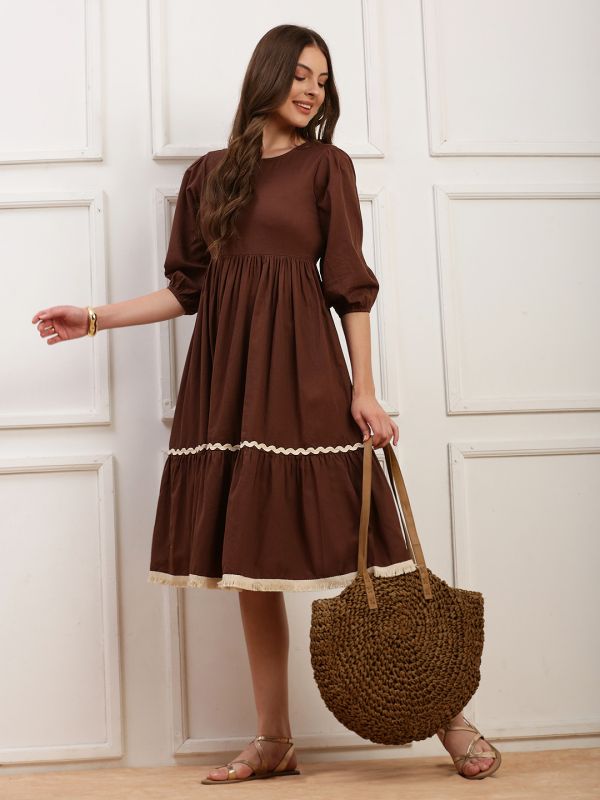 Globus Women Brown Round Neck Puff Sleeves Solid Midi Dress