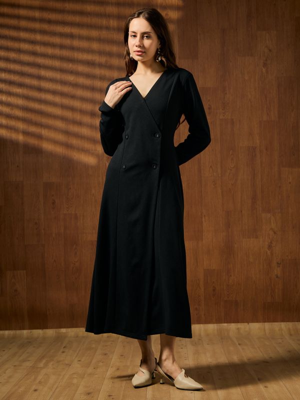 Globus Women Black V-neck Long Sleeves Panelled Double Breasted Midi A-line Workwear Dress