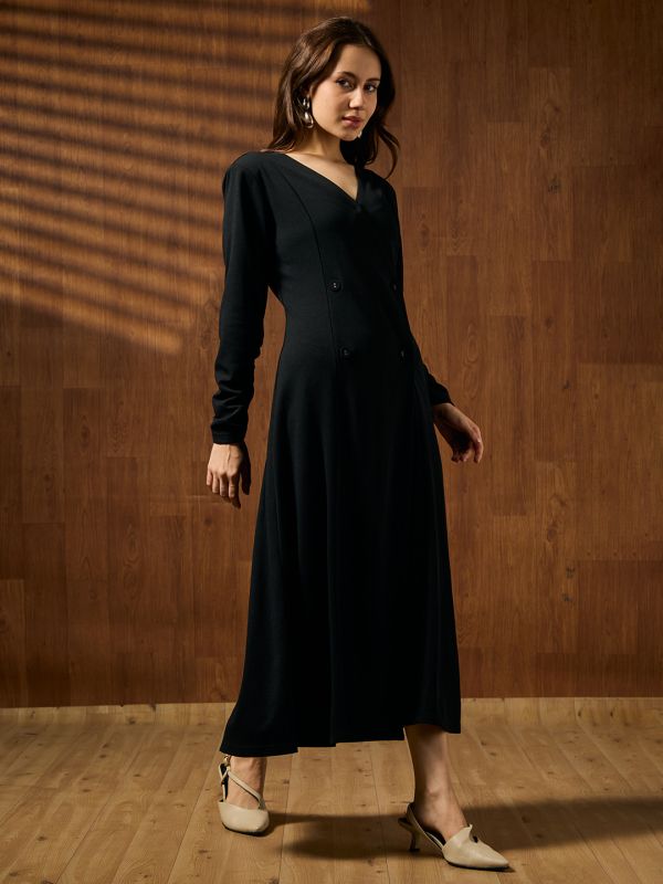 Globus Women Black V-neck Long Sleeves Panelled Double Breasted Midi A-line Workwear Dress