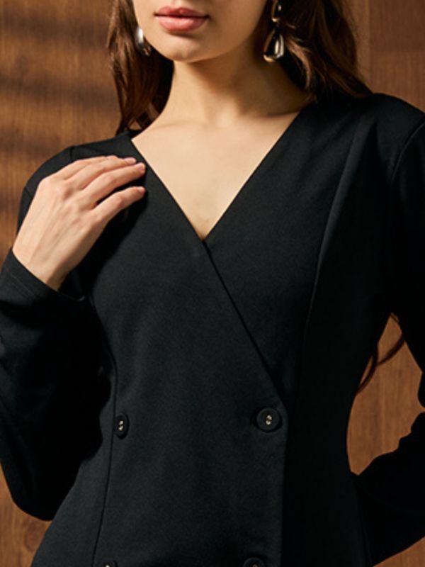 Globus Women Black V-neck Long Sleeves Panelled Double Breasted Midi A-line Workwear Dress