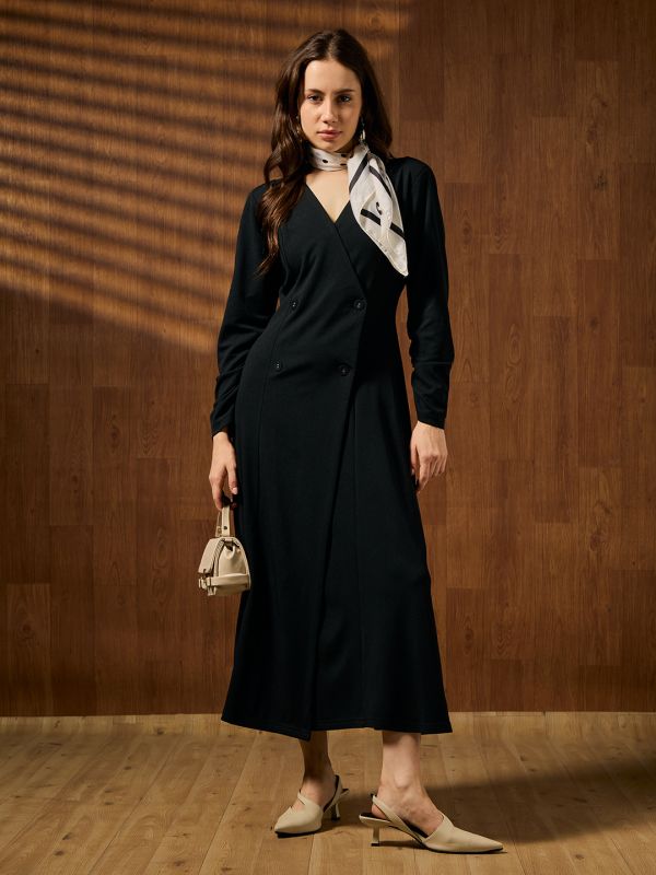 Globus Women Black V-neck Long Sleeves Panelled Double Breasted Midi A-line Workwear Dress