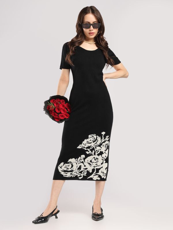 Globus Women Black Round Neck Short Sleeves Acrylic Floral Midi Bodycon Party Dress
