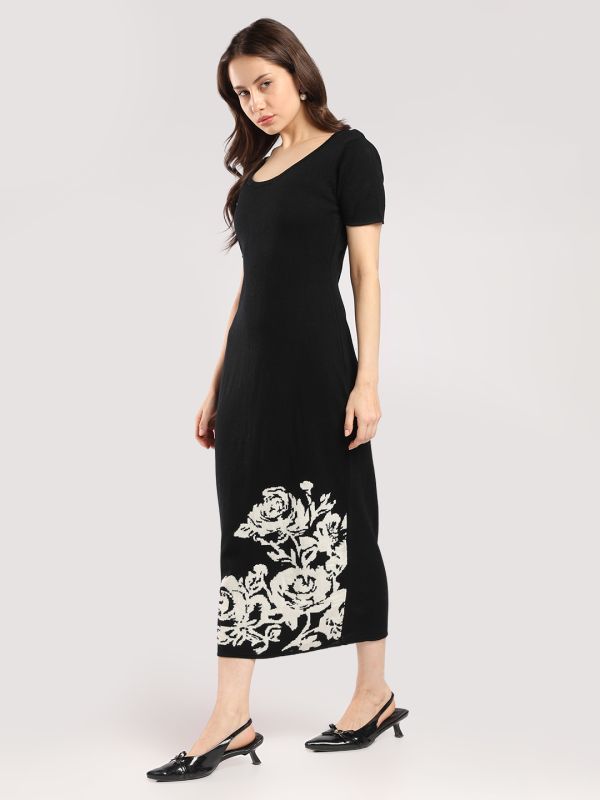 Globus Women Black Round Neck Short Sleeves Acrylic Floral Midi Bodycon Party Dress