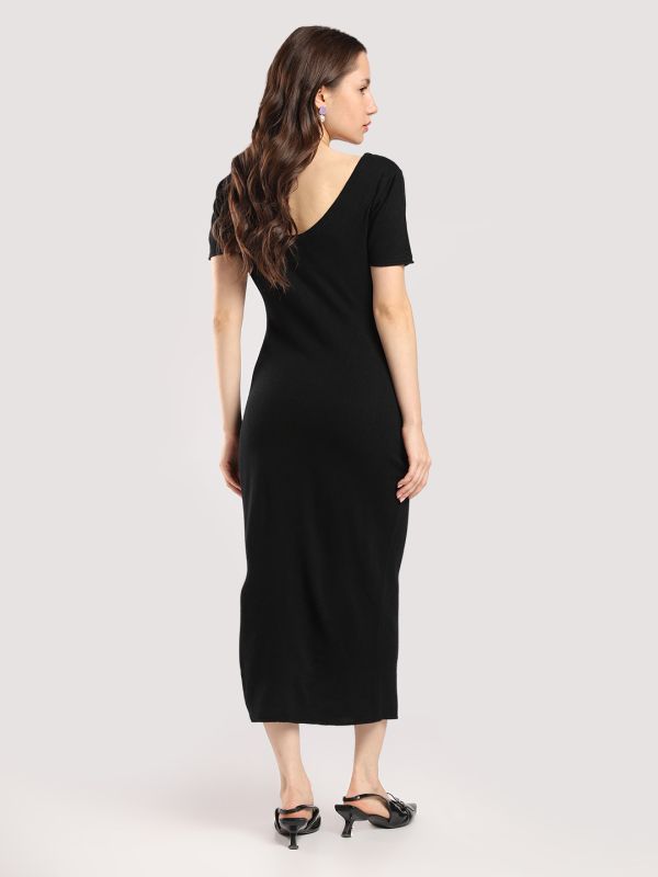 Globus Women Black Round Neck Short Sleeves Acrylic Floral Midi Bodycon Party Dress