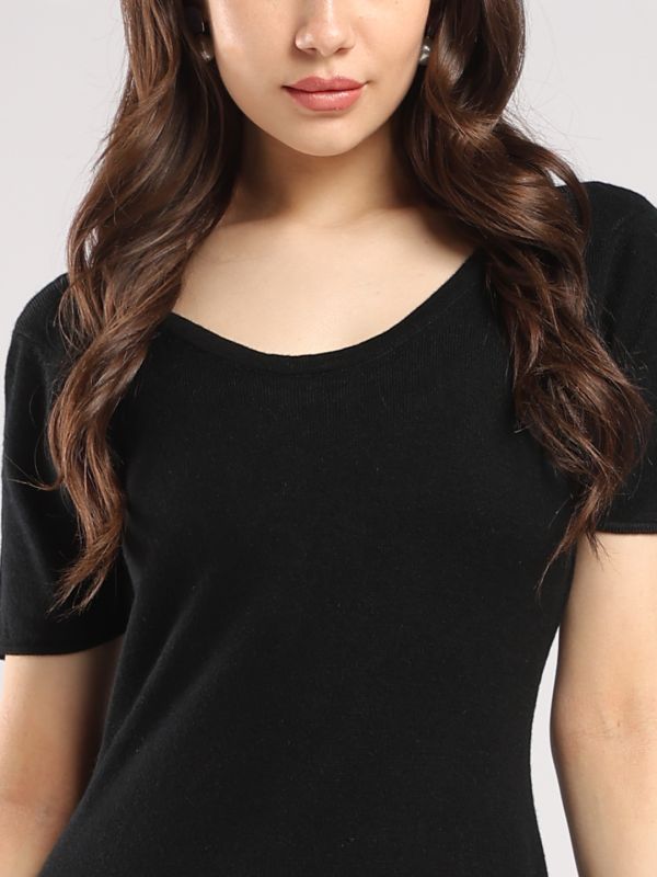 Globus Women Black Round Neck Short Sleeves Acrylic Floral Midi Bodycon Party Dress