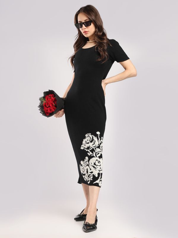 Globus Women Black Round Neck Short Sleeves Acrylic Floral Midi Bodycon Party Dress