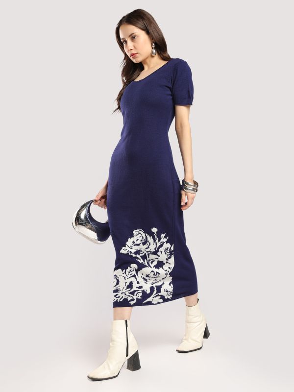 Globus Women Blue Round Neck Short Sleeves Acrylic Floral Midi Bodycon Party Dress
