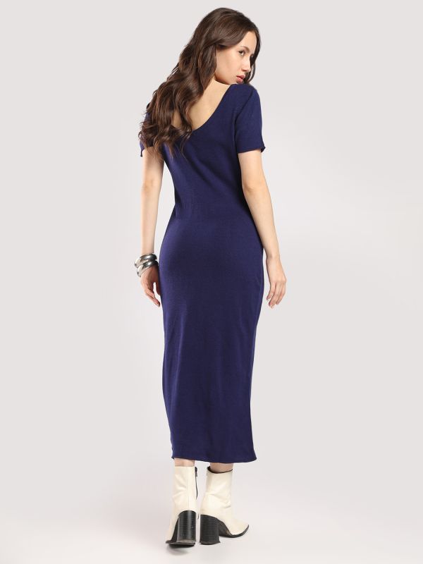 Globus Women Blue Round Neck Short Sleeves Acrylic Floral Midi Bodycon Party Dress