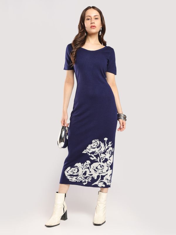 Globus Women Blue Round Neck Short Sleeves Acrylic Floral Midi Bodycon Party Dress