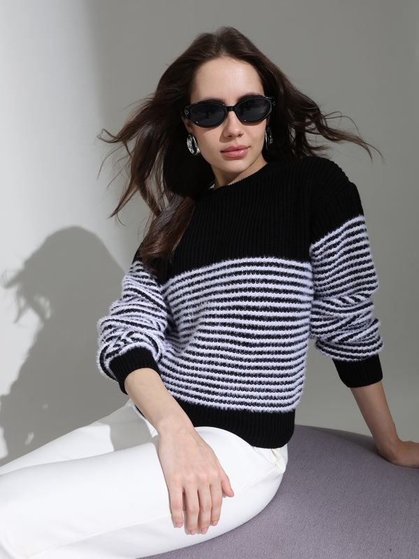 Globus Women Black Round Neck Long Sleeves Striped Self Design Knitted Woollen Pullover Sweater