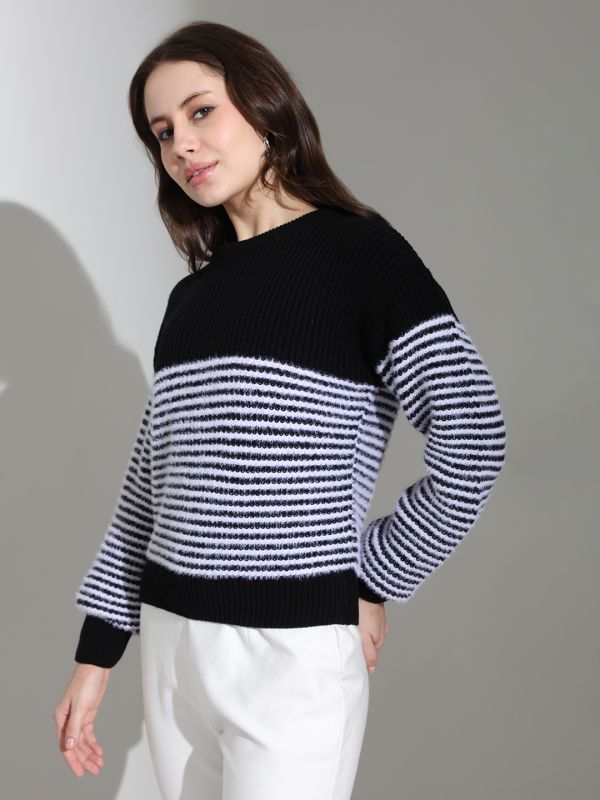 Globus Women Black Round Neck Long Sleeves Striped Self Design Knitted Woollen Pullover Sweater