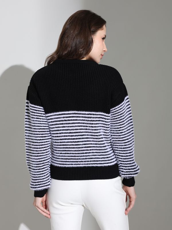 Globus Women Black Round Neck Long Sleeves Striped Self Design Knitted Woollen Pullover Sweater