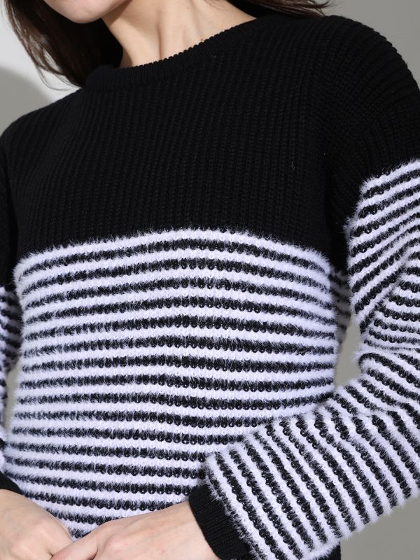 Globus Women Black Round Neck Long Sleeves Striped Self Design Knitted Woollen Pullover Sweater