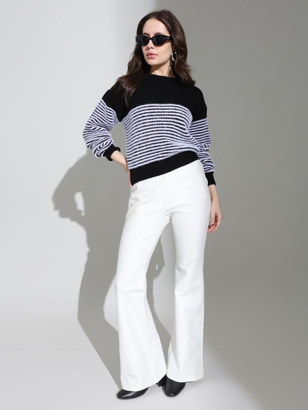 Globus Women Black Round Neck Long Sleeves Striped Self Design Knitted Woollen Pullover Sweater