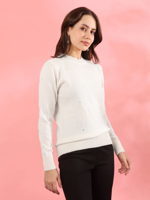 Globus Women Off White Crew Neck Long Sleeves Rhinestone Embellished Ribbed Hem Woollen Winterwear Pullover Sweater