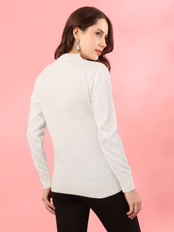 Globus Women Off White Crew Neck Long Sleeves Rhinestone Embellished Ribbed Hem Woollen Winterwear Pullover Sweater