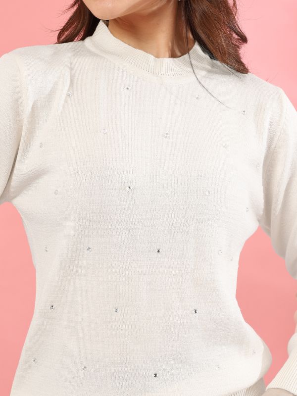 Globus Women Off White Crew Neck Long Sleeves Rhinestone Embellished Ribbed Hem Woollen Winterwear Pullover Sweater