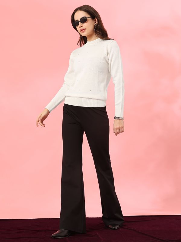 Globus Women Off White Crew Neck Long Sleeves Rhinestone Embellished Ribbed Hem Woollen Winterwear Pullover Sweater