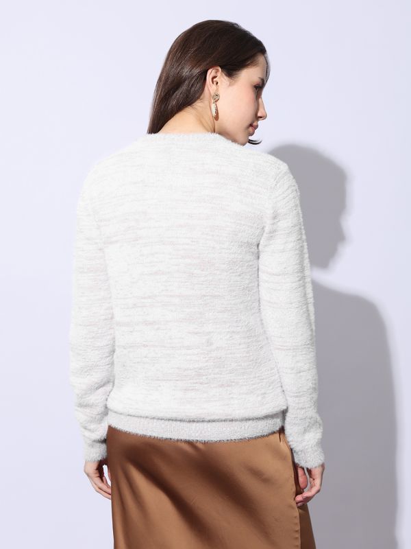 Globus Women Pink Crew Neck Long Sleeves Self Design Ribbed Hem Woollen Winterwear Pullover Sweater