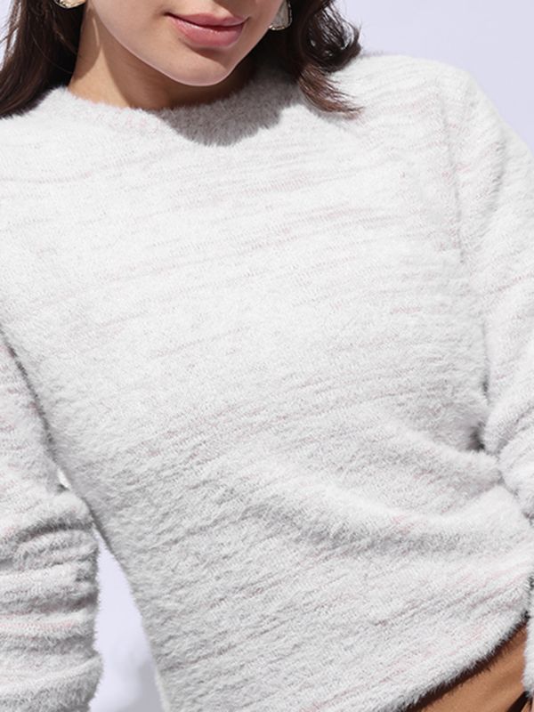 Globus Women Pink Crew Neck Long Sleeves Self Design Ribbed Hem Woollen Winterwear Pullover Sweater