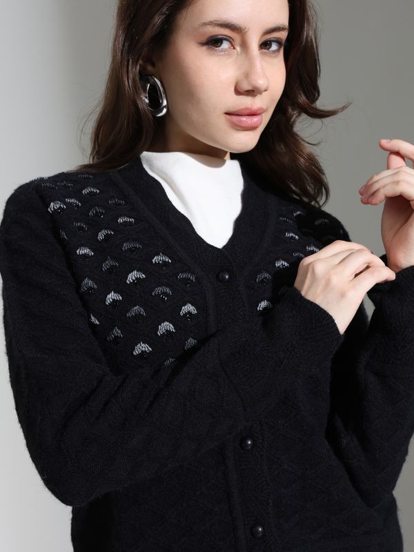 Globus Women Black V-neck Long Sleeves Embroidered Embellished Scalloped Placket Knitted Woollen Cardigan Sweater