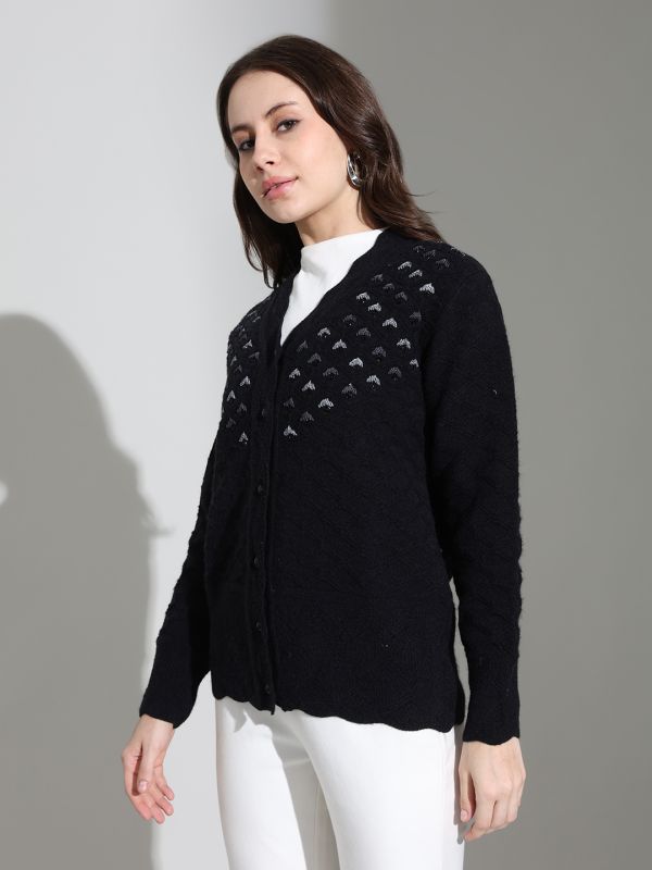 Globus Women Black V-neck Long Sleeves Embroidered Embellished Scalloped Placket Knitted Woollen Cardigan Sweater