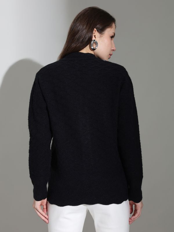 Globus Women Black V-neck Long Sleeves Embroidered Embellished Scalloped Placket Knitted Woollen Cardigan Sweater